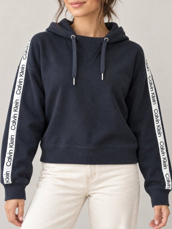 Calvin Klein Tops - Calvin Klein Black Logo Tape Sleeve Pullover Hoodie Size M